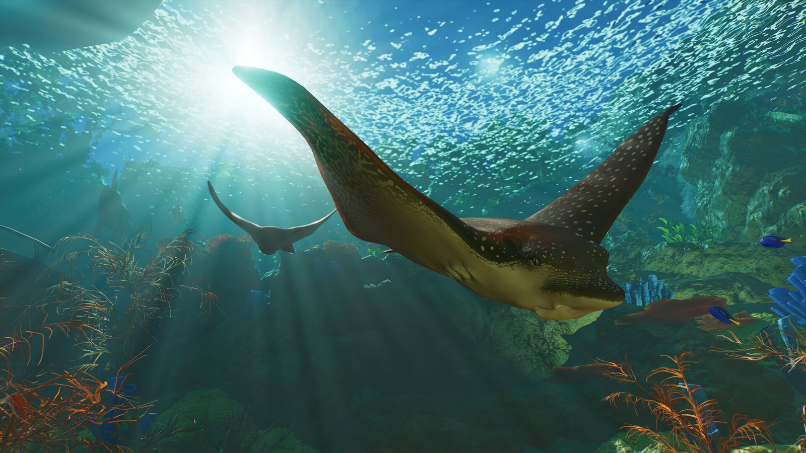 Spotted eagle ray gliding through sunbeams