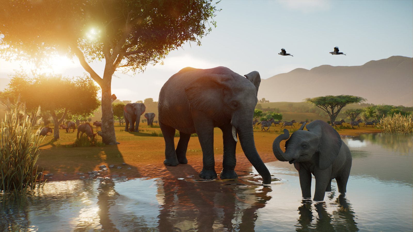 Elephants at a sunset watering hole with two birds flying overhead